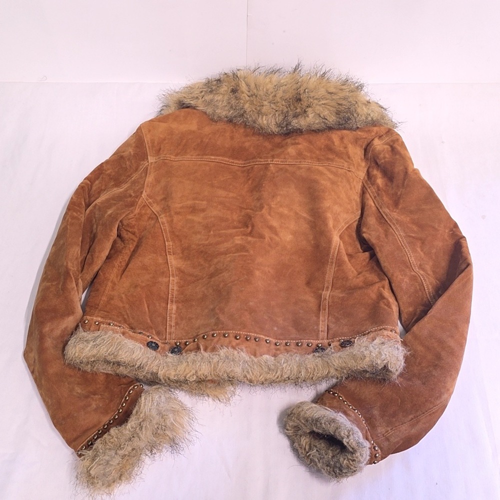 Vintage Y2k Bebe Jacket Women M Brown Suede Leather Faux Fur Trim Penny Lane - Picture 2 of 7